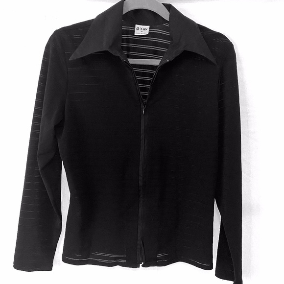 O Lily Tops Stretchy Zip Front Close Fitting Jacket Blk Stripes